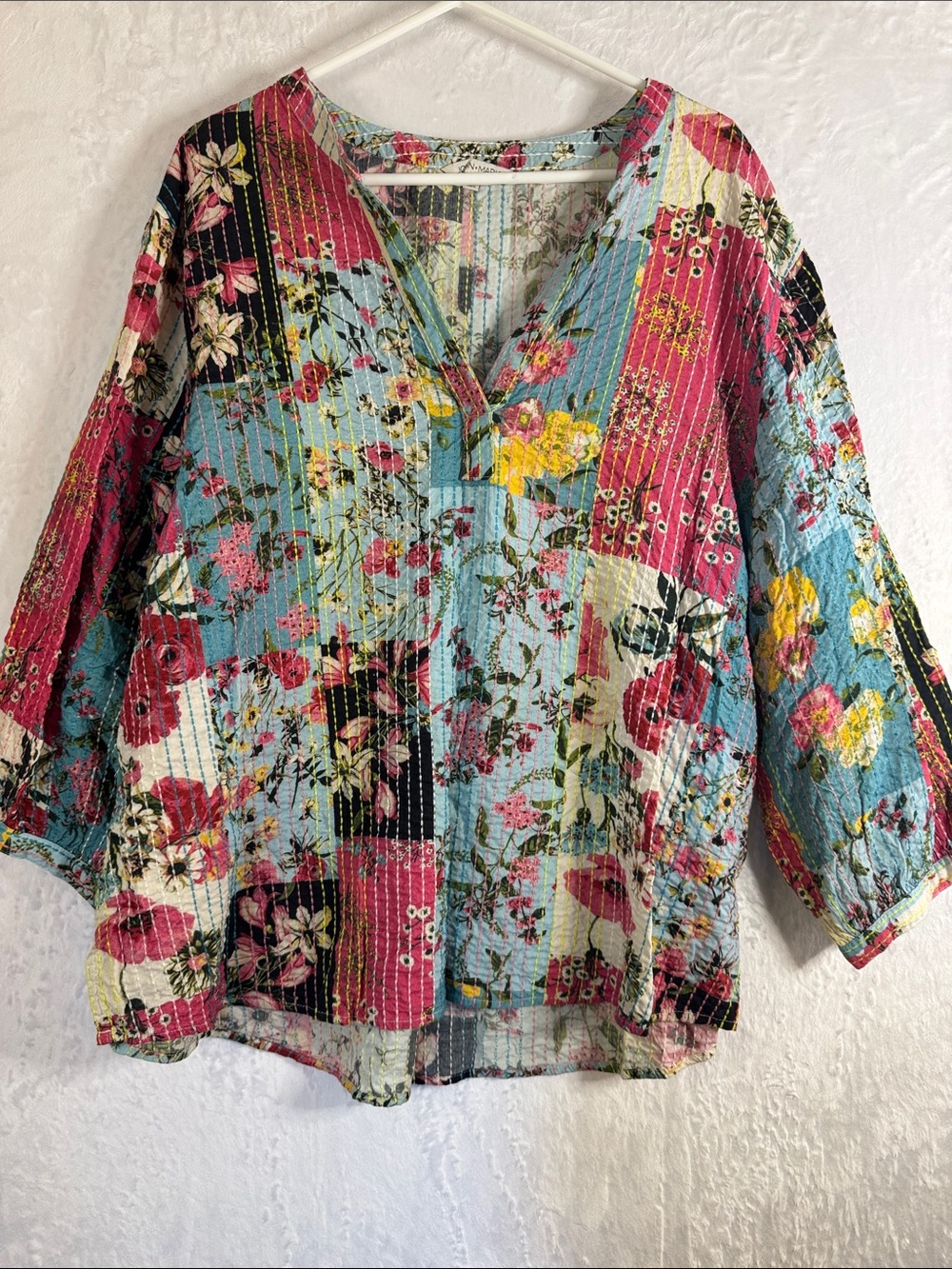 John Mark Kantha Floral V-Neck Pullover Top XL